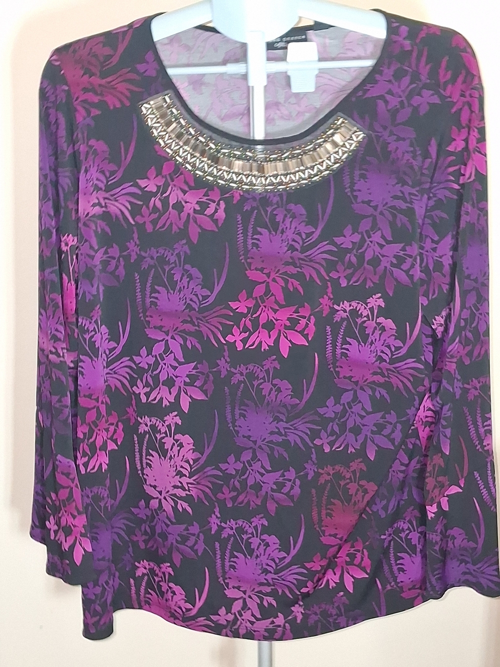 Susan Graver Purple and Pink Floral Long Sleeve Top with Embellished Neck